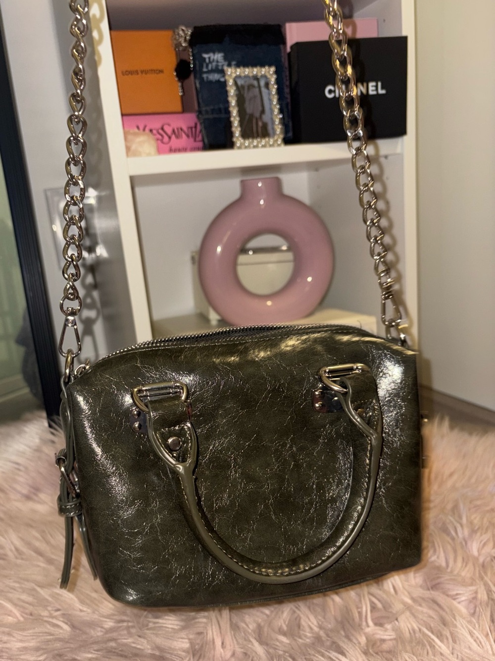 Urban Outfitters Olive Green Distressed Mini Satchel Crossbody Bag Silver Chain